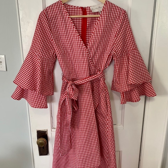 Gingham Wrap Dress with Midlength Flutter Sleeves - Picture 1 of 3
